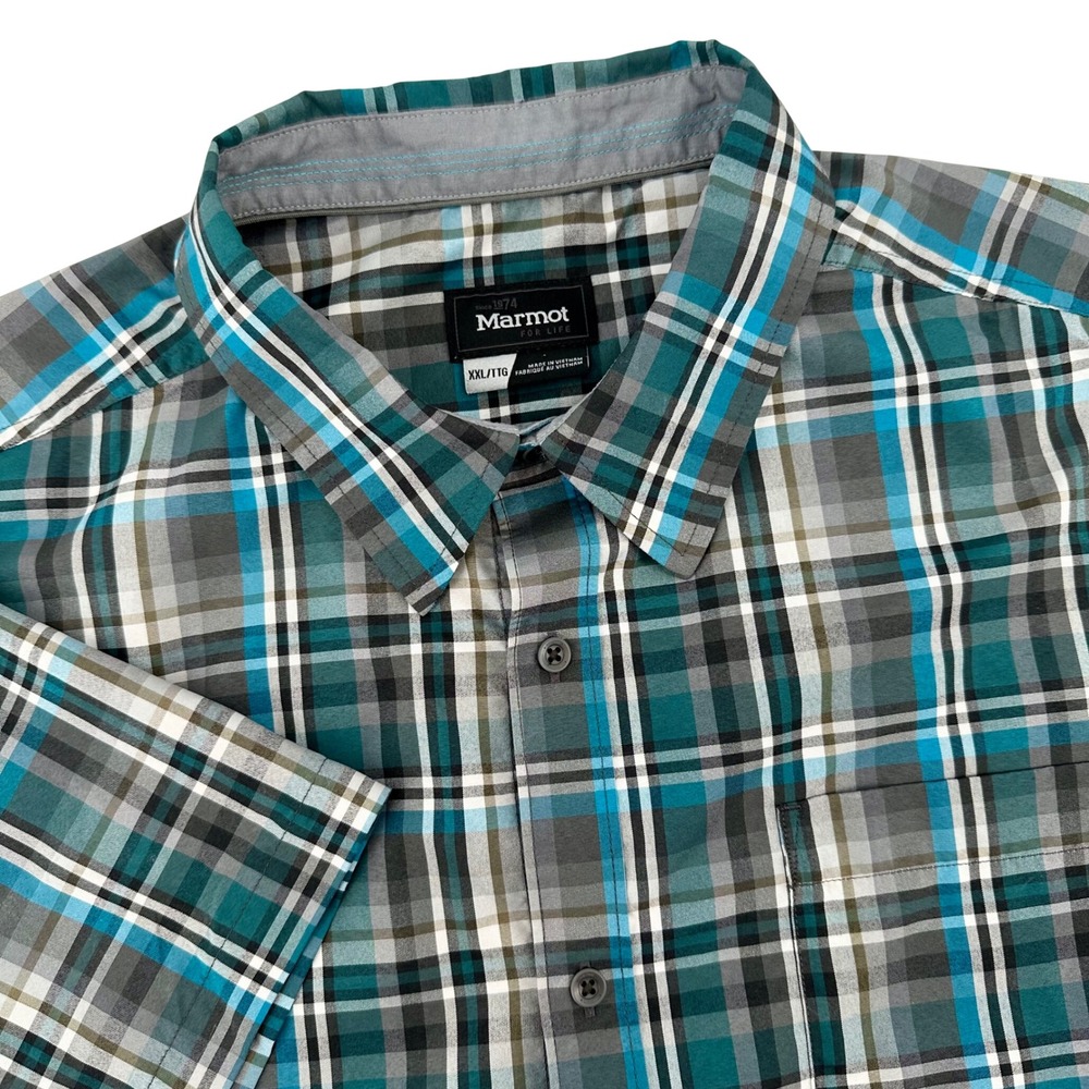 Marmot Mens XXL Short Sleeve Button Down Plaid Shirt Teal Grey SCC-363 Polyester